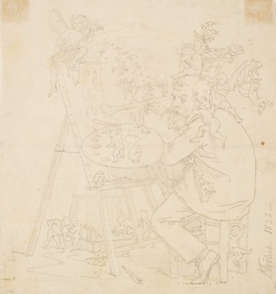 Painter at Work Surrounded by Elves and Other Creatures by Lorenz Frølich