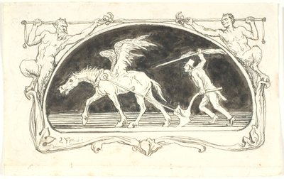 Vignette with a Worn-Out Pegasus in Front of a Plow, Driven by a Man with a High Hat, Armed with a Large Pen by Lorenz Frølich