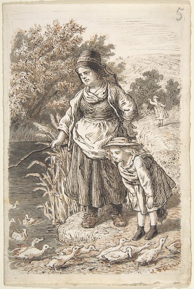 Woman and Child by a Duck Pond by Lorenz Frølich