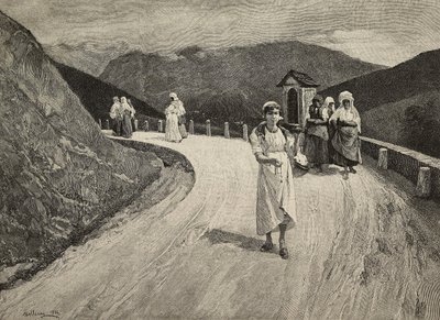 On Sacred Way, female pilgrim walking along path, Brera, United Expositions, Milan, Italy, engraving by F Cantagalli from painting by Lorenzo Delleani from L