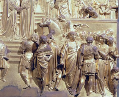 The Meeting of King Solomon and the Queen of Sheba, detail of the attendants, from the original panel from the East Doors of the Baptistery, 1425-52 (post restoration) by Lorenzo Ghiberti