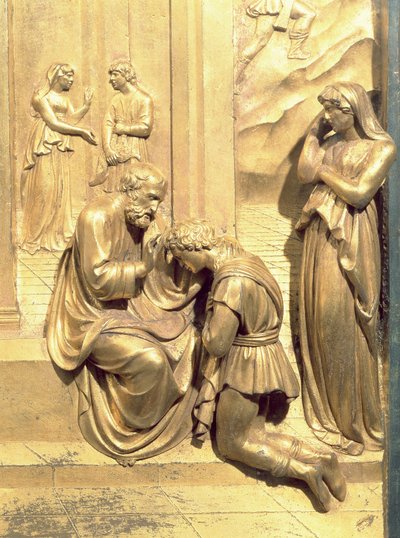 The Story of Jacob and Esau, detail of Isaac Blessing Jacob, from the original panel from the East Doors of the Baptistery, 1425-52 (post restoration) by Lorenzo Ghiberti