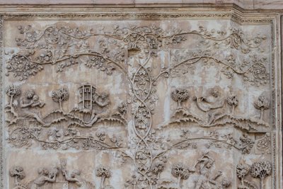 Naamah teaching child to read and Tubal-cain beating bells with hammer; Enos, son of Seth drawing with compass, Stories of Genesis, bas-reliefs by Lorenzo Maitani, first pillar, lateral facade of Orvieto cathedral, Umbria, Italy by Lorenzo Maitani