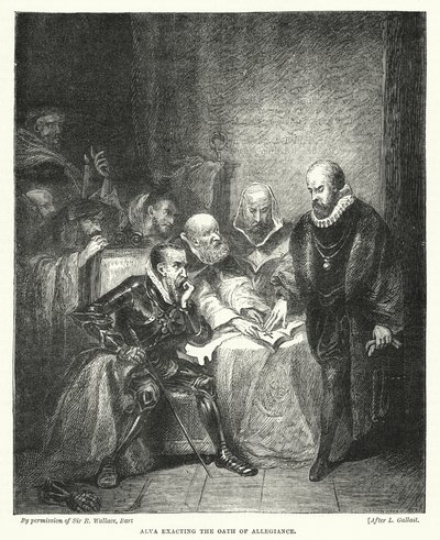Alva exacting the Oath of Allegiance (engraving) by Louis (after) Gallait