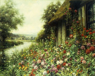 Flowers in Bloom Outside a Cottage by Louis Aston Knight
