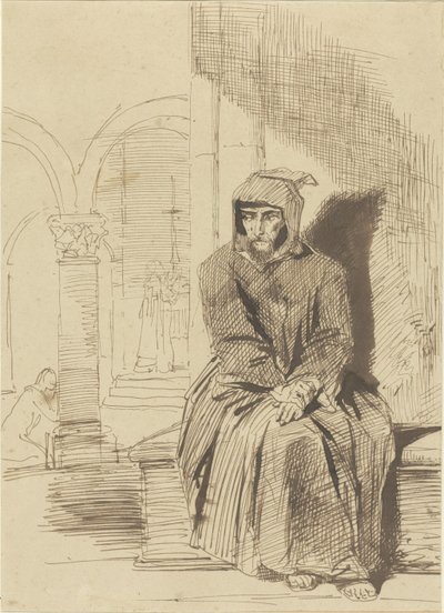 Sitting Monk in Contemplation, While Mass is Celebrated in the Background by Louis Boulanger
