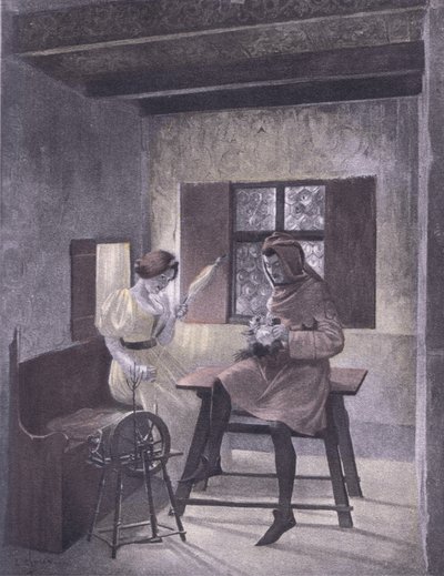 Simona spinning, illustration from Decameron of Boccaccio by Louis Chalon
