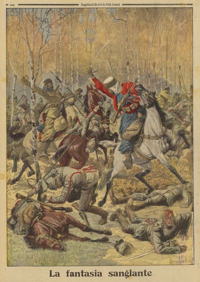 Algerian goumiers of the French Army defeating a larger group of German cavalry, World War I by Louis Charles (after) Bombled