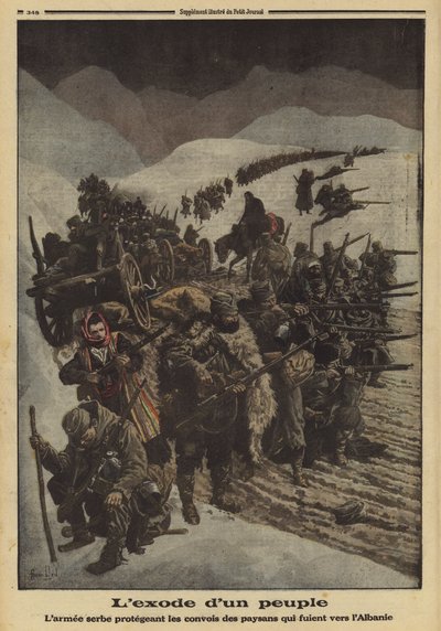 Exodus of a people: the Serbian army protecting a column of peasants fleeing to Albania, World War I by Louis Charles (after) Bombled