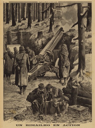 French Army Rimailho rapid fire medium howitzer in action, World War I by Louis Charles (after) Bombled