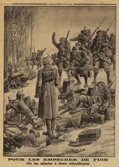 French soldiers capturing a German position manned by enemy soldiers secured to their machine guns by their officers to prevent them from retreating, World War I by Louis Charles (after) Bombled