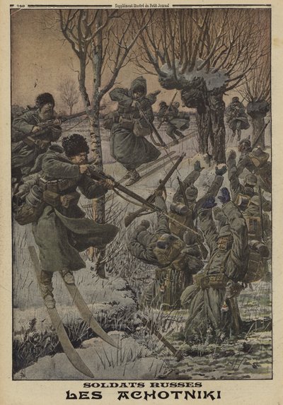 Russian soldiers on skis capturing a group of Germans, World War I by Louis Charles (after) Bombled