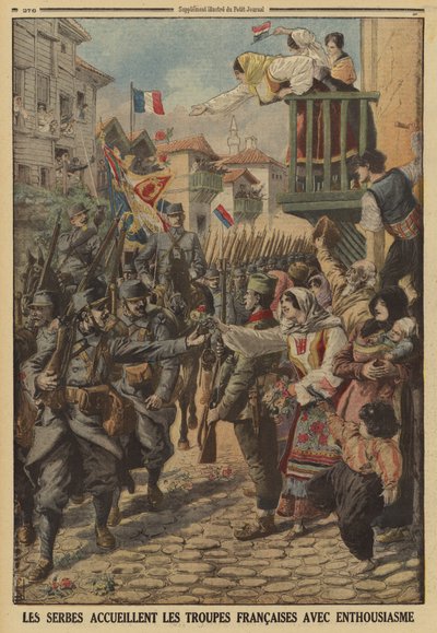 Serbian civilians enthusiastically greeting the arrival of French troops, World War I by Louis Charles (after) Bombled