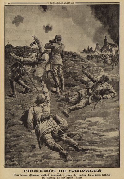 Two wounded German soldiers shooting French officers who had helped them to shelter in the back, World War I by Louis Charles (after) Bombled
