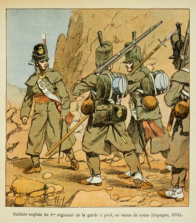Illustration from the book The Memorial of Saint Helene by Count Emmanuel de Las Cases: English Soldiers of the 1st Regiment of the Guard in a roadstand (Spain 1814) by Louis Charles Bombled
