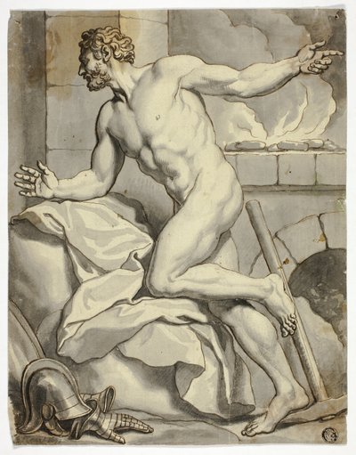 Male Nude Kneeling beside a Furnace, with Helmet and Metal Gloves on Floor by Louis Cheron