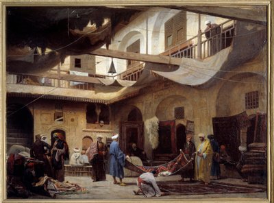 The Carpet Bazaar in the Khan-Khabil in Cairo by Louis Claude Mouchot