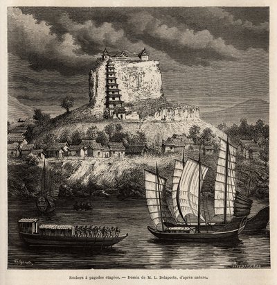 A Rock with Pagoda Stages, and Various Boats on the Blue River (China), Engraving After the Drawing of L.Delaporte, to Illustrate the Voyage of Exploration in Indochina by Francis Garnier, Lieutenant of Ship, in 1866-1868, Published in 