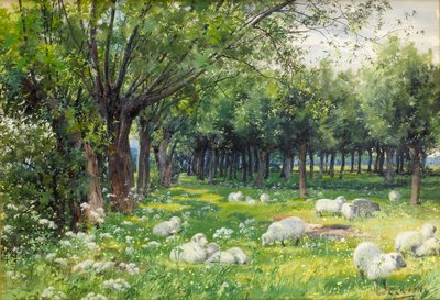 Sheep in an Orchard at Springtime by Louis Fairfax Muckley
