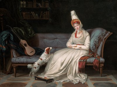 Portrait of Elizabeth, Lady Webster, later Lady Holland, in a white dress with her spaniel Pierrot by Louis Gauffier