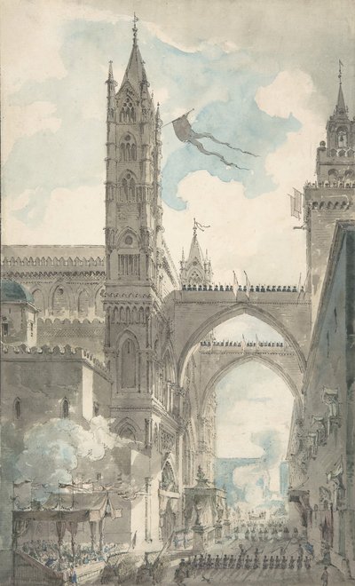 View of the Portal and Principal Entrance of the Cathedral of Palermo during the Festival by Louis Jean Desprez