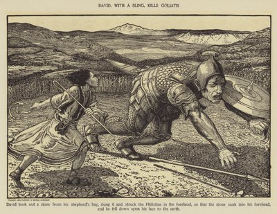 David, with a sling, kills Goliath by Louis John Rhead