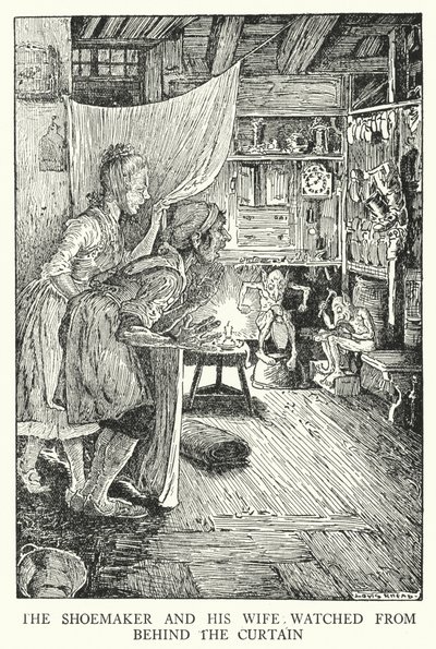 The shoemaker and his wife watched from behind the curtain by Louis John Rhead
