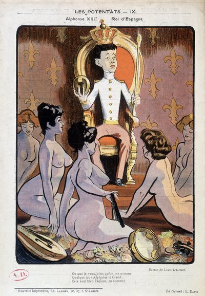 Portrait caricature of Alfonso XIII, King of Spain, on his throne and surrounded by naked women - drawing by Louis Malteste, in 