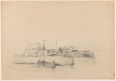 Houses and Two Ships by the Coast by Louis Meijer
