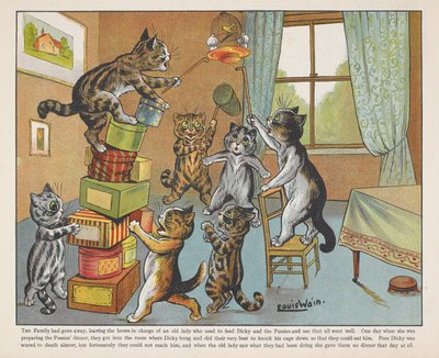 Cats playing with boxes in a room by Louis Wain