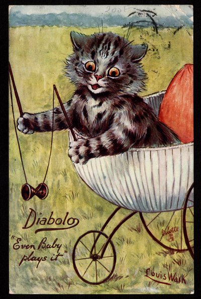 Even Baby Plays It. Animals in Human Posture. Kitten Playing with a Diabolo in its Cradle. Postcard. Chromolithograph by Louis Wain (1860-1939), English artist known for his representation of cats with large eyes. Early 20th century. by Louis Wain