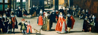 Elegant figures dancing in an interior by Louis de Caullery