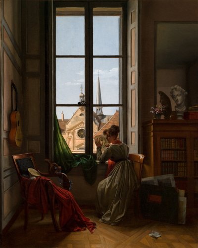 Interior with Young Woman Tracing a Flower by Louise Adeone Droelling