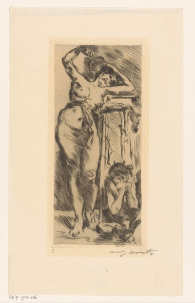 Female Nude with Fan in Hand and a Crouching Figure to Her Right by Lovis Corinth (signed by artist)