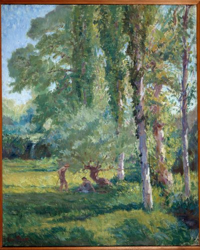 Couple on the grass under a poplar by Loys Prat