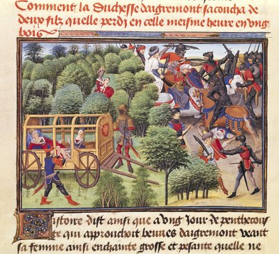 How the Duchess of Aigremont Gave Birth to Two Sons and Lost Them in the Same Hour in a Wood, from the Renaud de Montauban Cycle by Loyset Liedet