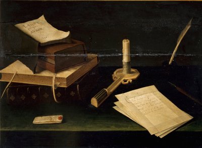 Still Life of Books, Feather, Letter and Candle by Lubin Baugin