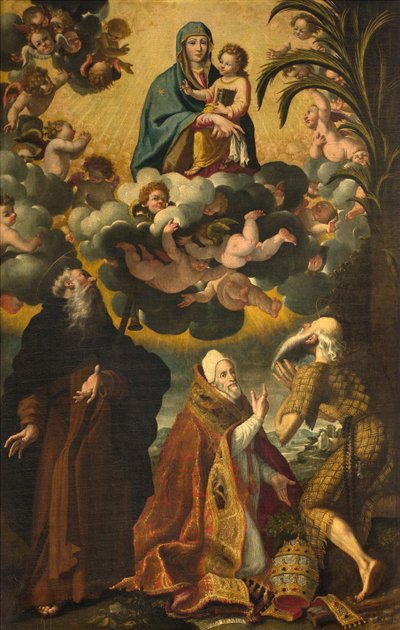 Altar of Saint Anthony, Madonna and Child with Saints Anthony Abbot Paul Hermit and Pope Gregory XIV, Luke Cattapane 1593 by Luca Cattapane