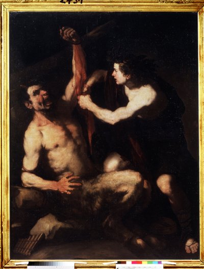 Apollo and Marsyas. Apollo, after winning the challenge against Marsyas, has him flayed and then thrown into a cave. Painting by Luca Giordano (1632-1705) by Luca Giordano