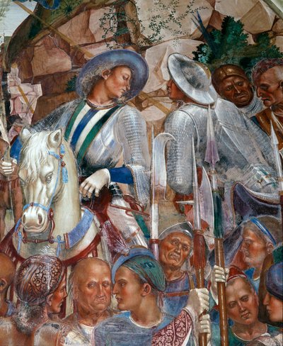 Benoit recognizes and welcomes the King of the Goths Totila who has come to apologize in person for having put Benoit to the test (detail) by Luca Signorelli