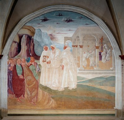 Saint Benedict evangelized the inhabitants of Monte Cassino, in the background the monks shoot down a statue of Apollo by Luca Signorelli