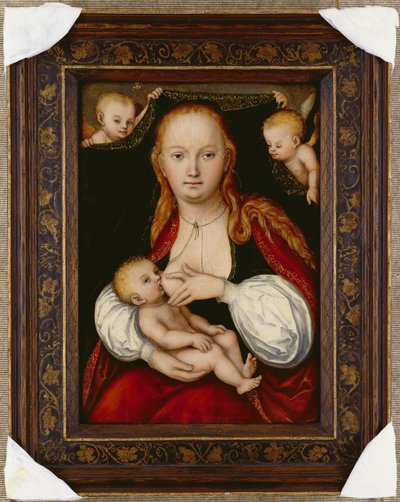 The Virgin and Child, Three-Quarter Length, with Putti Holding Up a Curtain Behind by Lucas Cranach