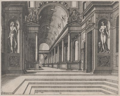 View in a Church with Corinthian Columns and Statues of Apollo, Melpomene, and Moses by Lucas van Doetechum and Johannes