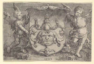 Coat of Arms with a Mask, Held by Two Genii by Lucas van Leyden