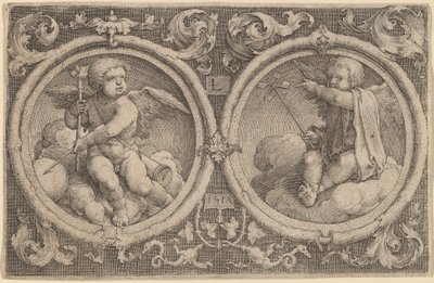 Two Cupids Seated on Clouds in Two Circles by Lucas van Leyden