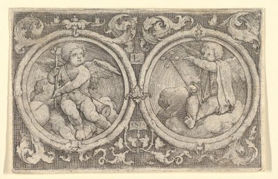 Two Putti Seated in Clouds in Circles with Tendrils by Lucas van Leyden