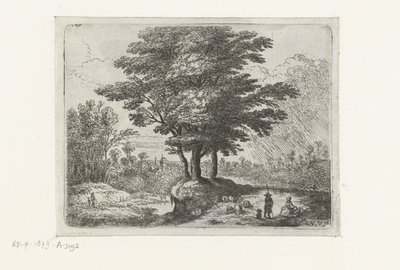Three Trees, a Shepherd with Sheep and a Dog by Lucas van Uden