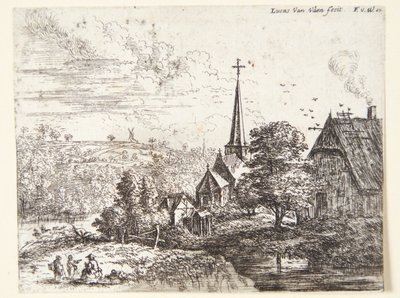 Village by a River, Three Figures in the Foreground by Lucas van Uden