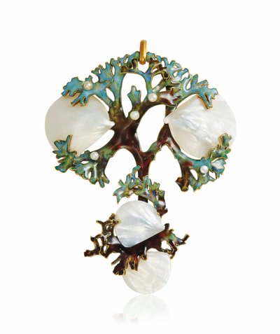 An Art Nouveau Mother-of-Pearl, Enamel and Seed Pearl Pendant by Lucien Gaillard