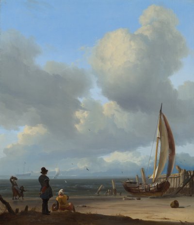 An Extensive Seascape with Figures by a Boat on a Shore near Huisduinen by Ludolf Bakhuizen